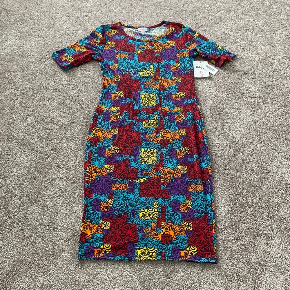 LuLaRoe Julia Multicolor Abstract Print Midi Dress NWT SIZE S Short Sleeve